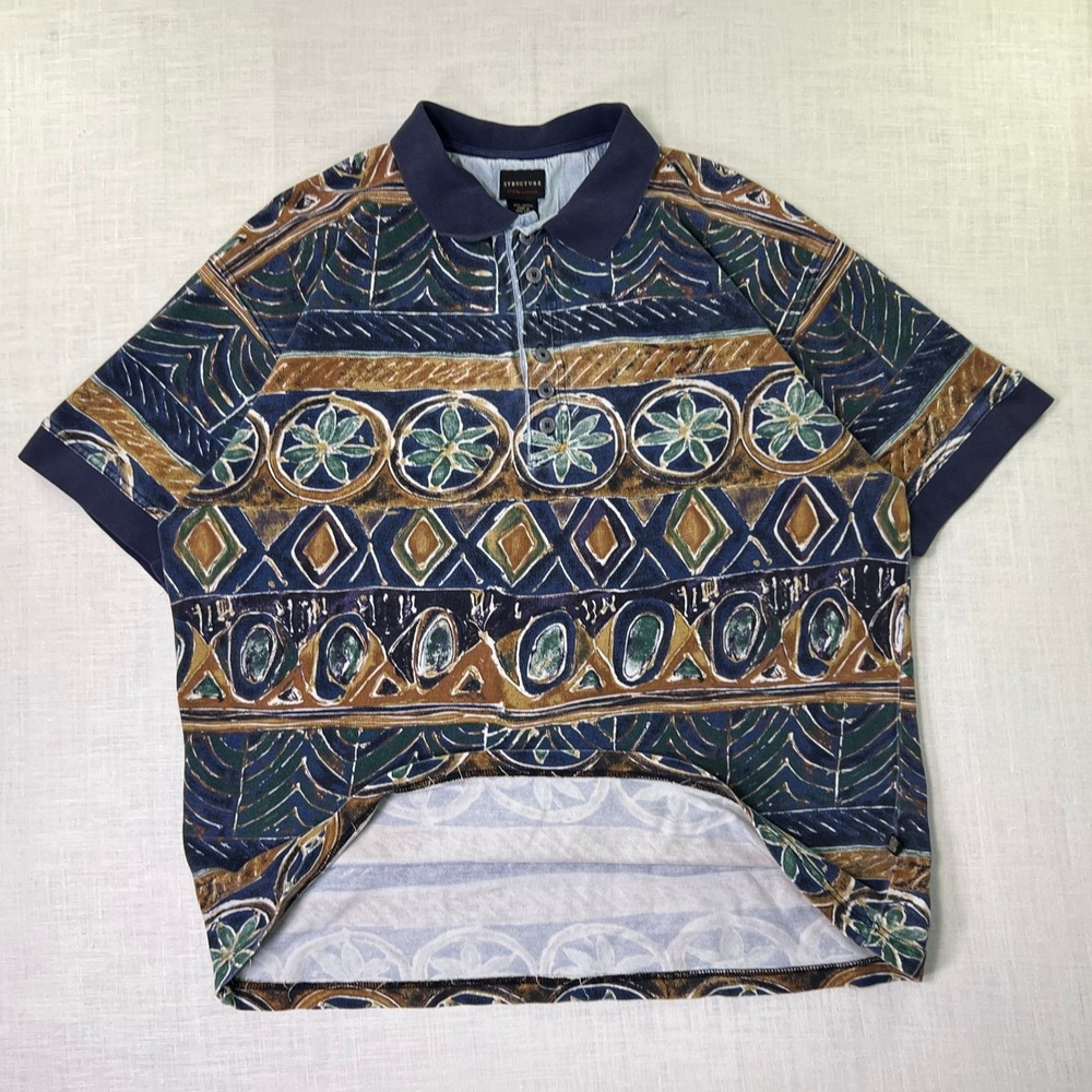 VTG Structure Mens Large Polo Shirt Blue‎ Tribal Abstract Geometric Cotton Pique